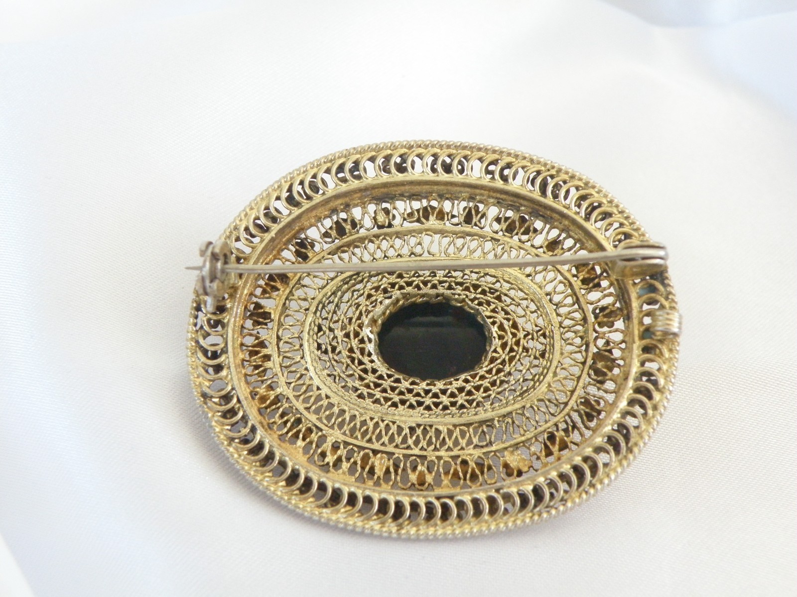 Vintage Silver Gold Plated Natura Bloodstone Large Filigree Brooch
