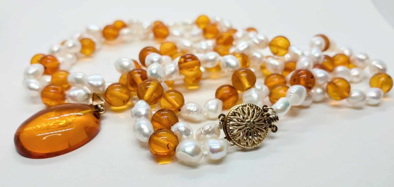 14k Gold Honey Amber Pearls Double Necklace 24″ 14k Removable Antique Pendant
