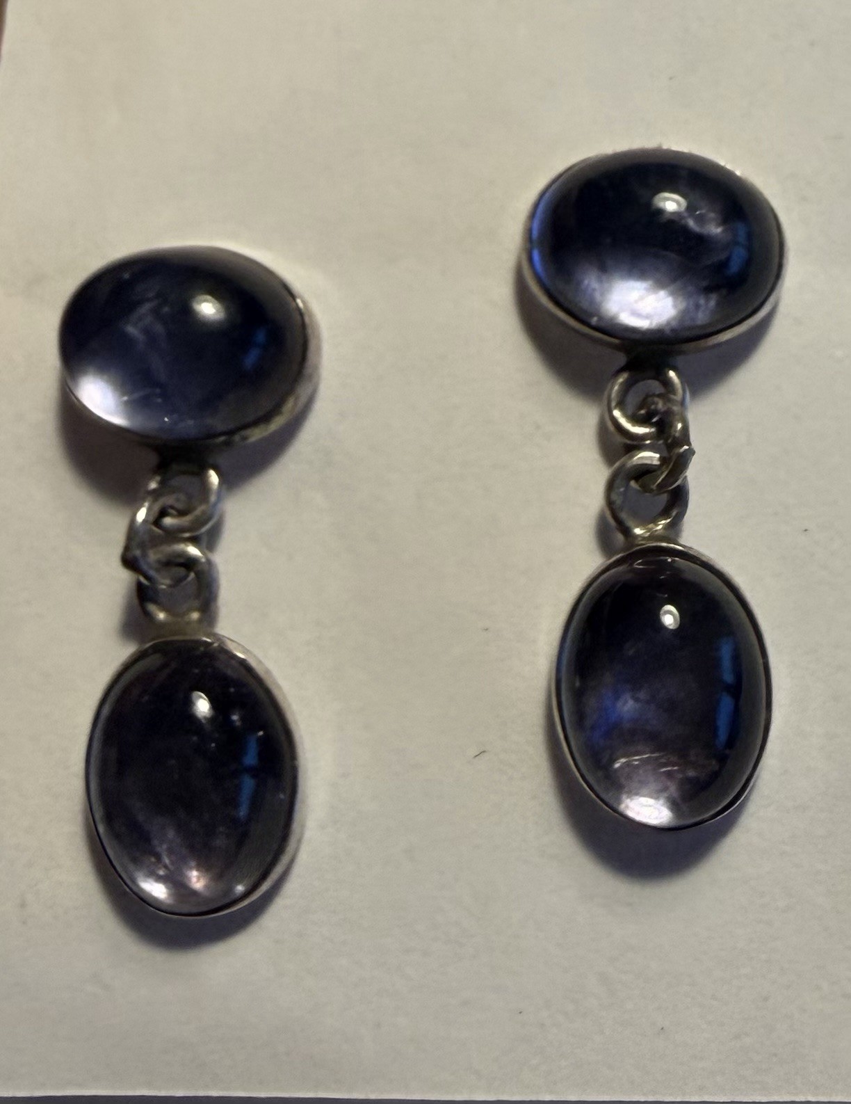Lovely Vintage Sterling Oval Violet AAA+++ Iolite Bezel Set Drop Earrings 7/8”