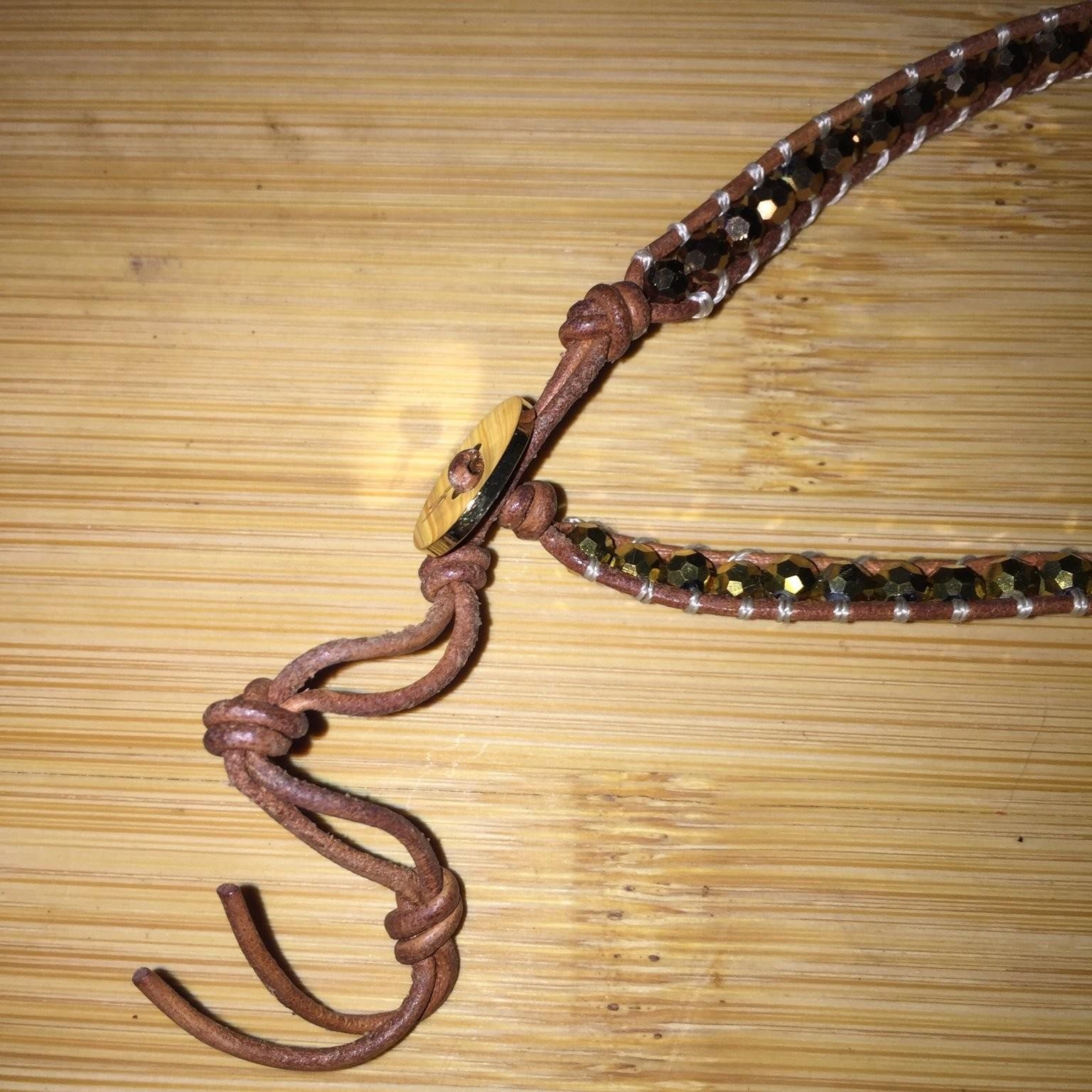 Vintage Boho Beaded Wrap Necklace Brown Leather Cord Acrylic Beads Adjustable