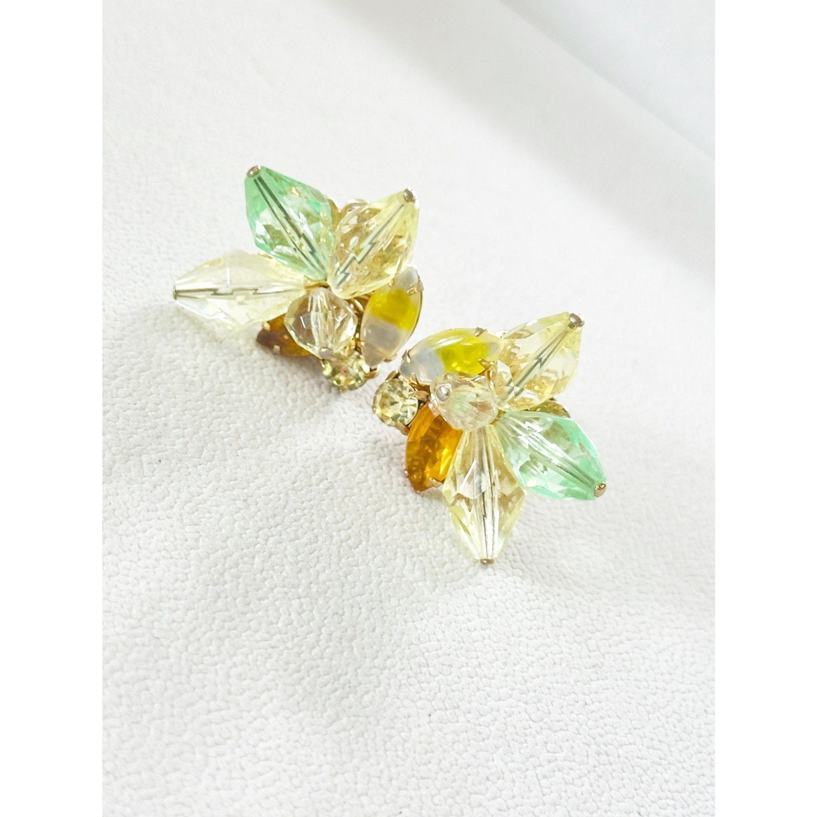 Juliana style givre rhinestone floral earrings yellow green Pastel Garden Party