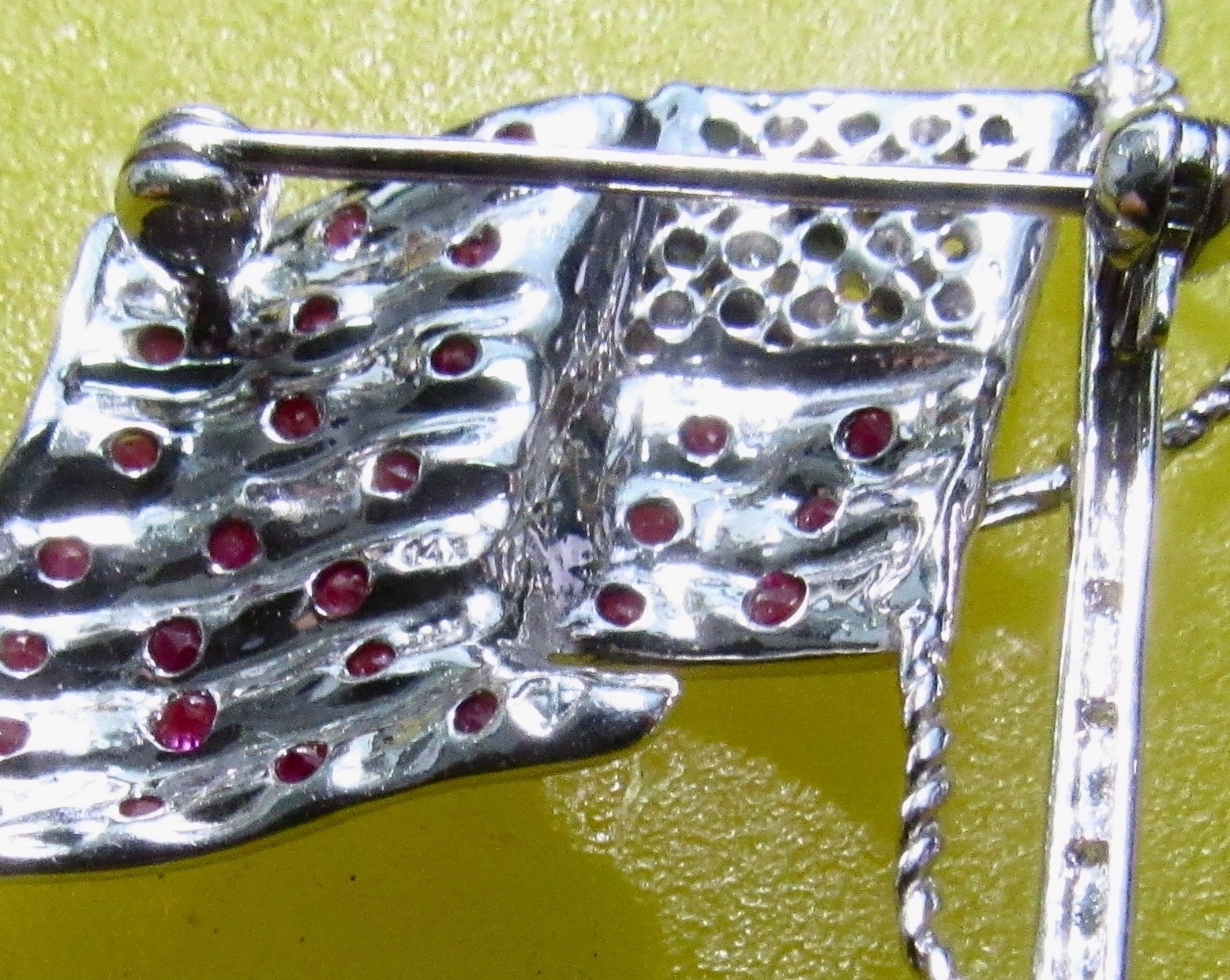 14K White Gold American Flag Pin Brooch Rubies Sapphires Diamonds Patriot