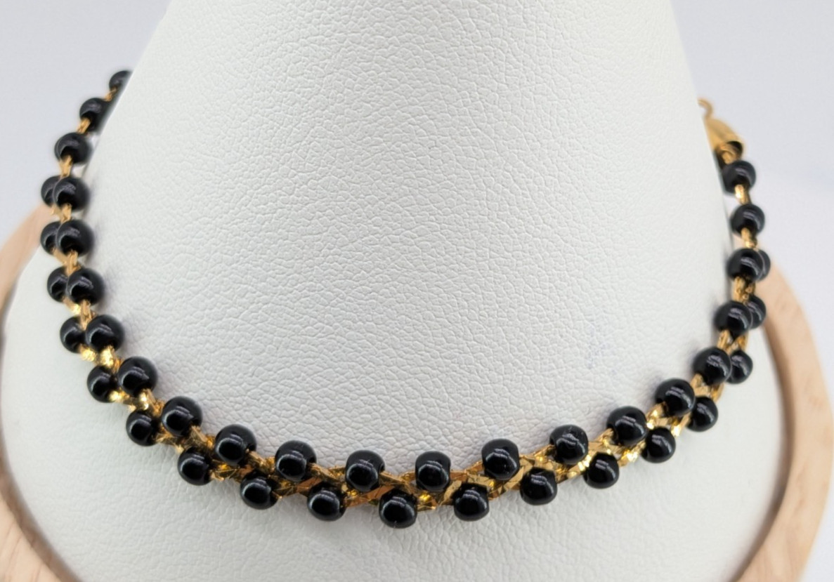 Vintage Trifari TM Bracelet Gold Tone Black Seed Bead Braided Link 7.5in Signed