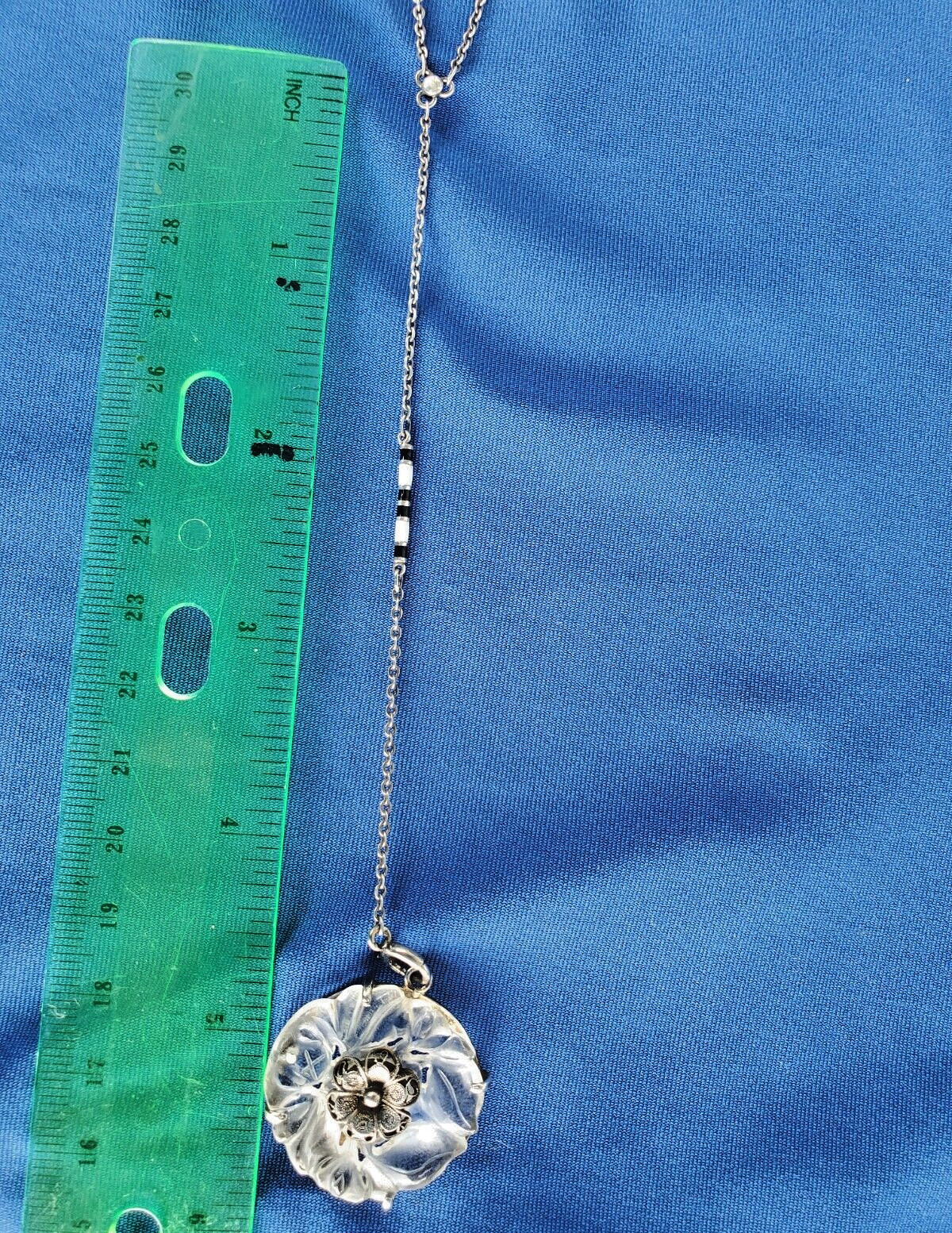 ORIGINAL Deco Guilloche Enamel STERLING SILVER 925 Necklace Antique Chain 24″ IN