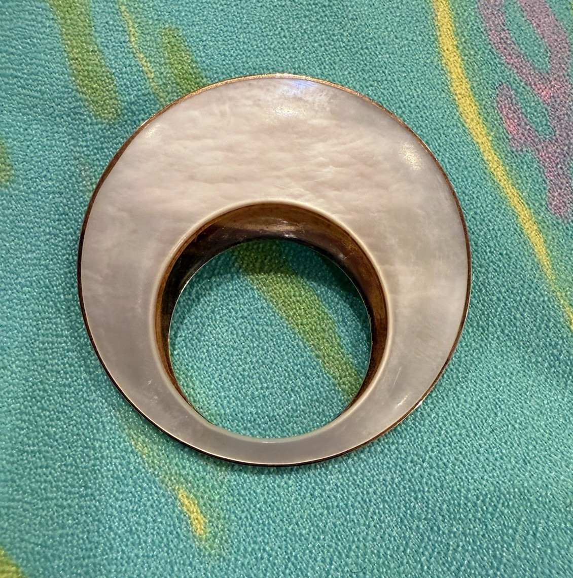Vintage Mother of Pearl Rose Brass Infinity Circle Brooch 1940s