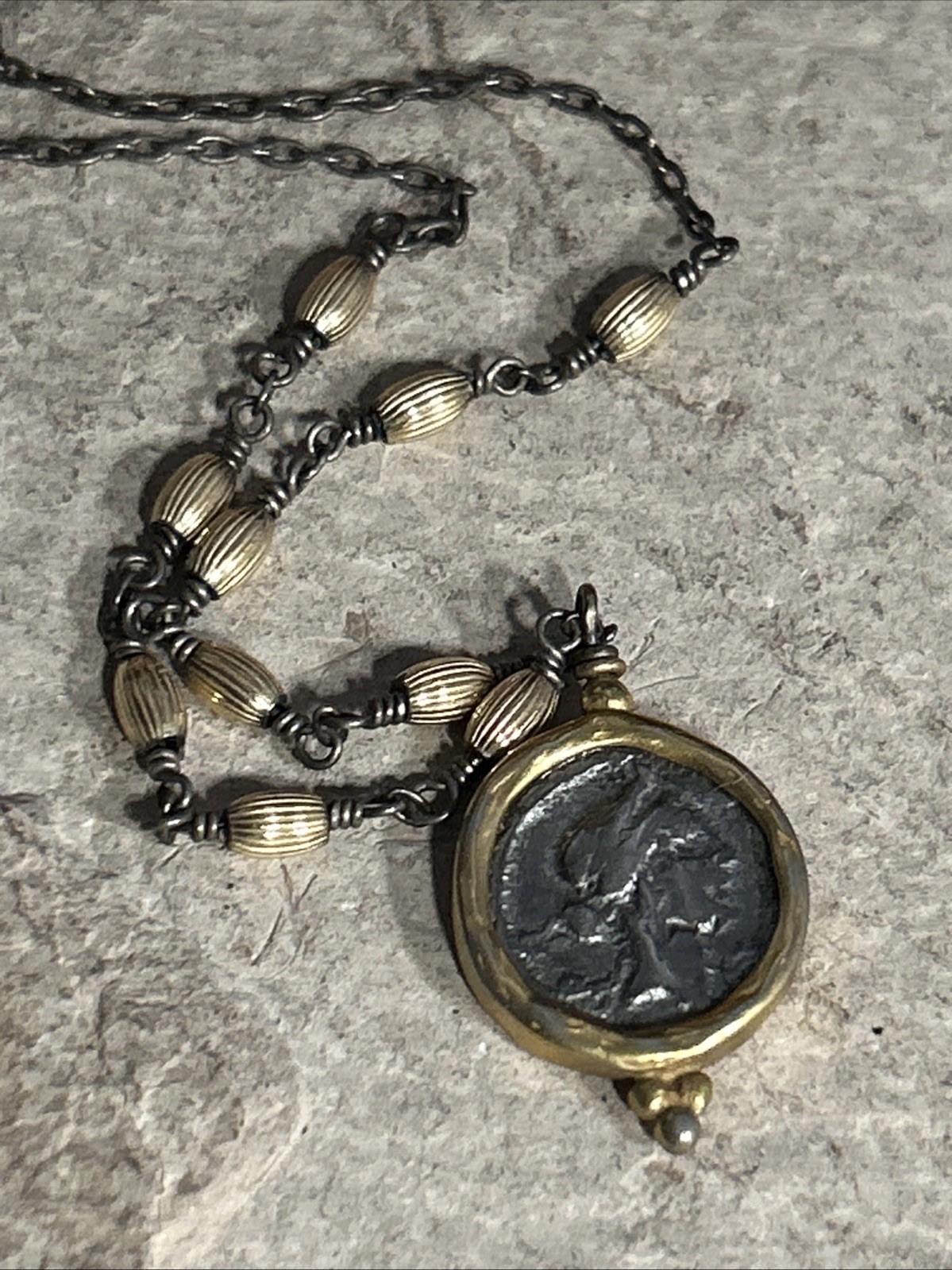 56. Vintage G.F. 925 chain Ancient Coin Replica Statement Necklace 22+”, 6.9g