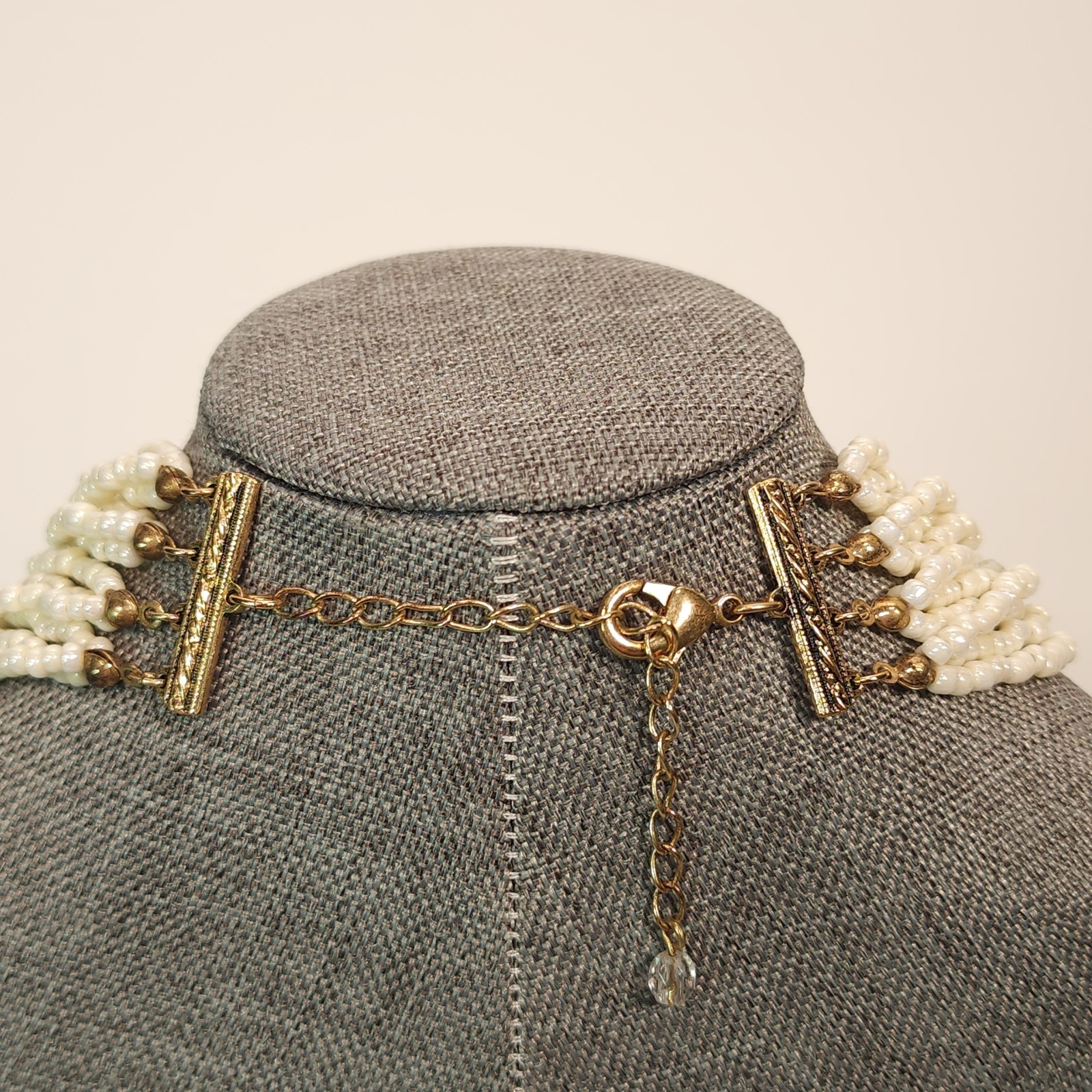 Vintage Multistrand Cream Color Seed and Faceted Bead Necklace Adjustable 15/17″
