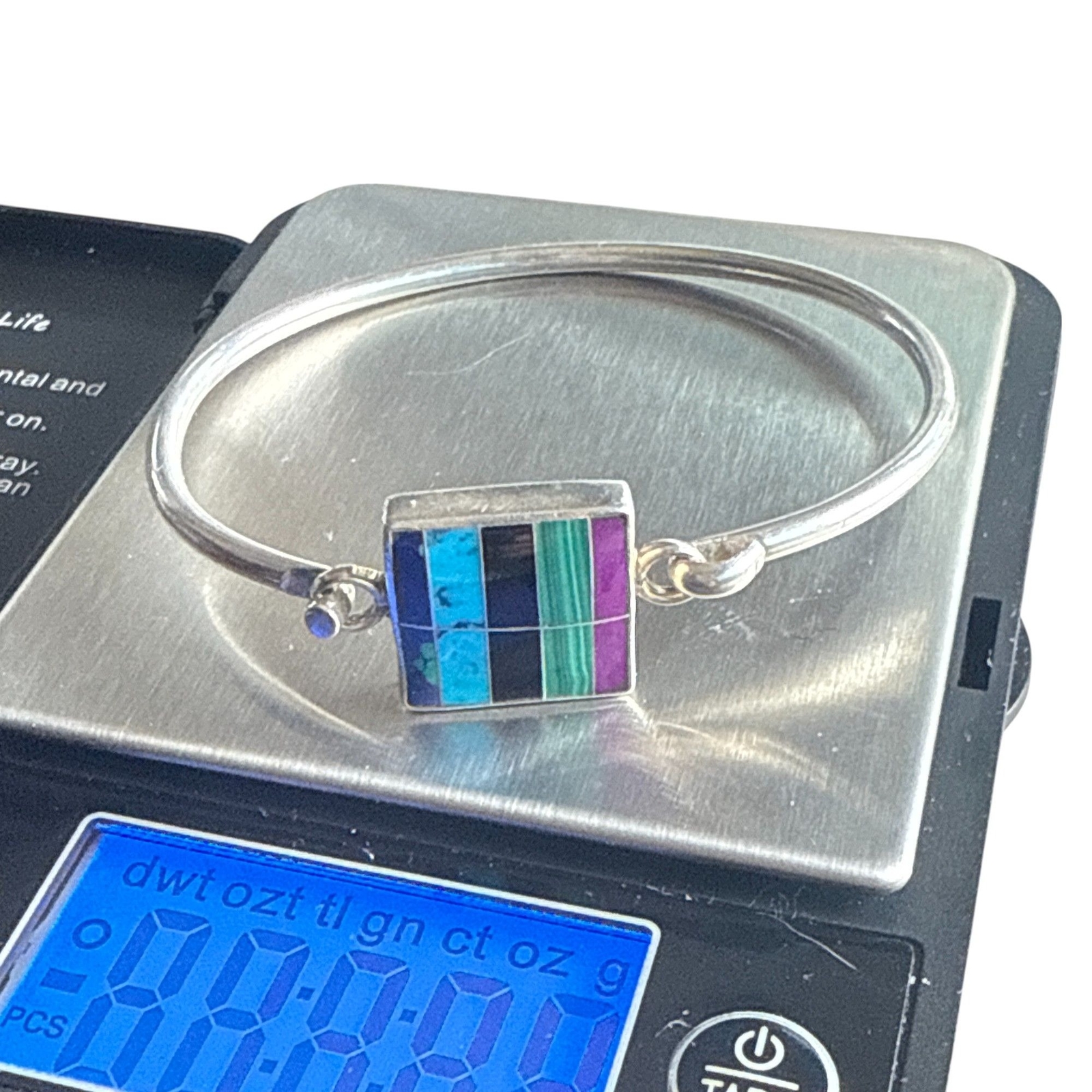 Vintage CII Mexico Sterling Silver Bracelet W/ Inlaid Multicolor Gemstone Panel