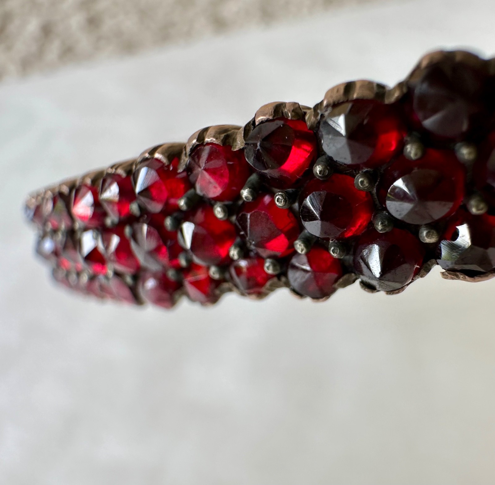 Antique rose cut Garnet & Silver bangle Hinged w/safety chain (see cond.)