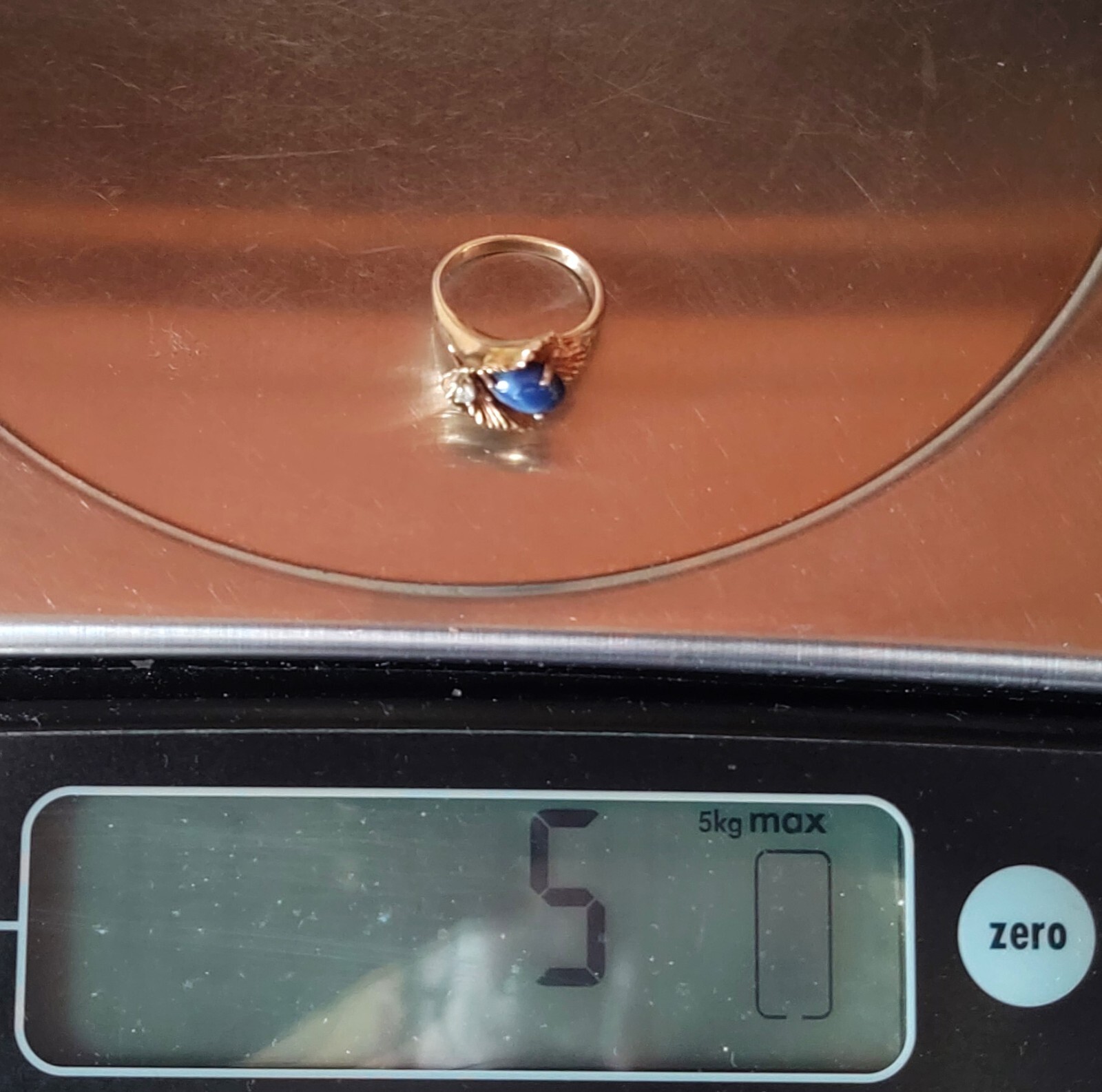 VINTAGE 14K GOLD BLUE STAR SAPPHIRE CABOCHON DIAMOND RING STUNNING!