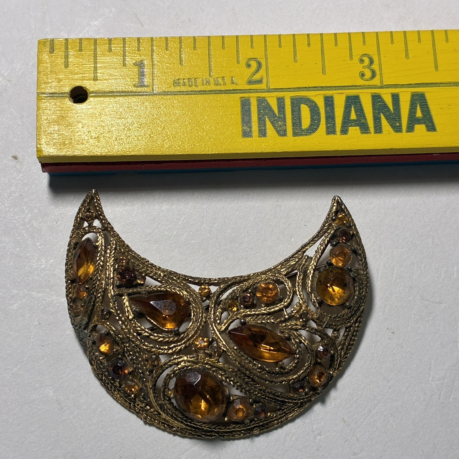 Large Vintage La Roco 1950s Half Moon Crescent Brooch Lapel Pin Faux Amber