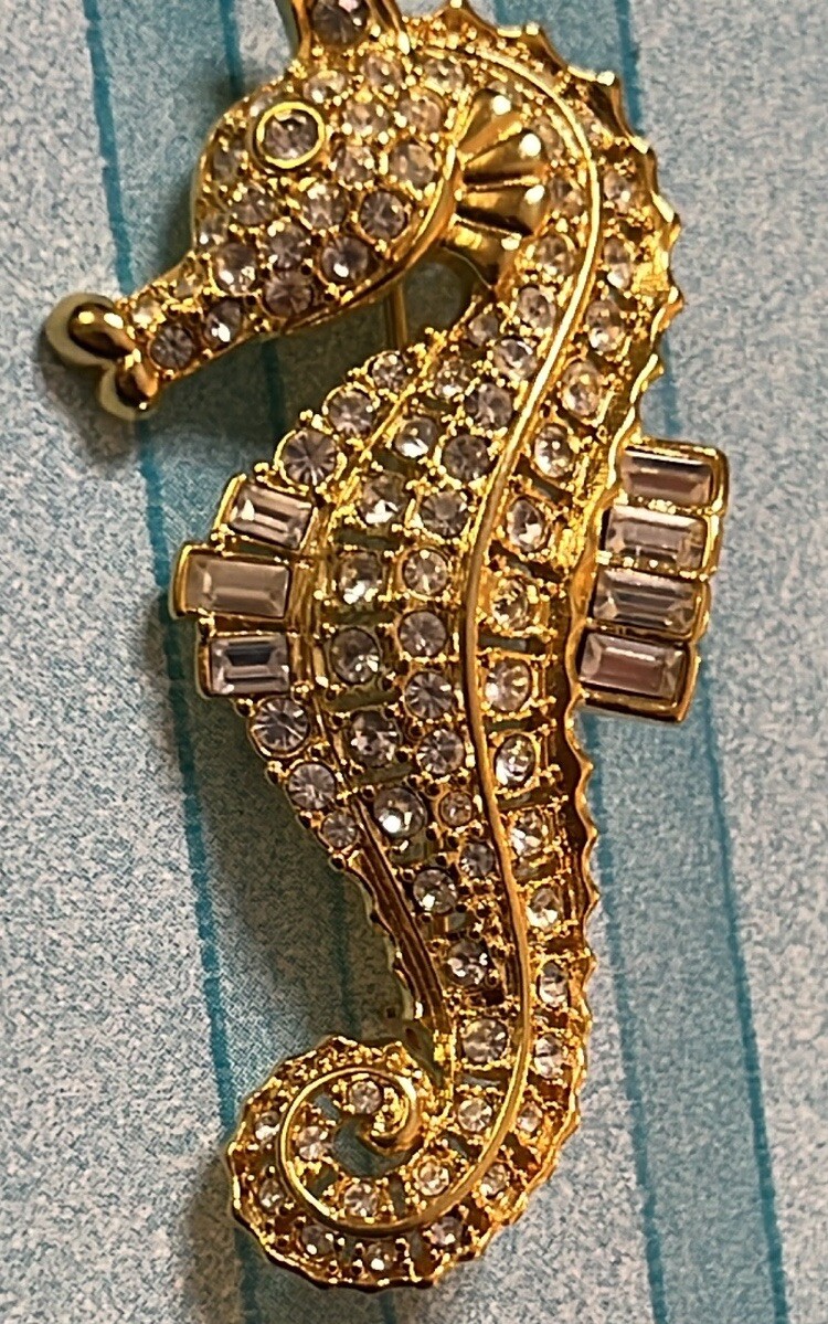 Nolan Miller Goldtone Seahorse Brooch Clear Round And Emerald Cut Rhinestones
