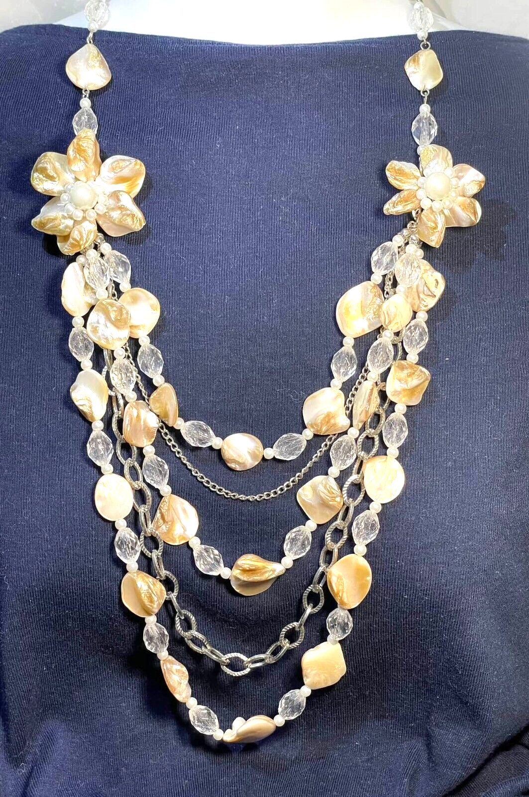 Seashell Statement Multi Strand Necklace Mother of Pearl Beads Flower Pendants