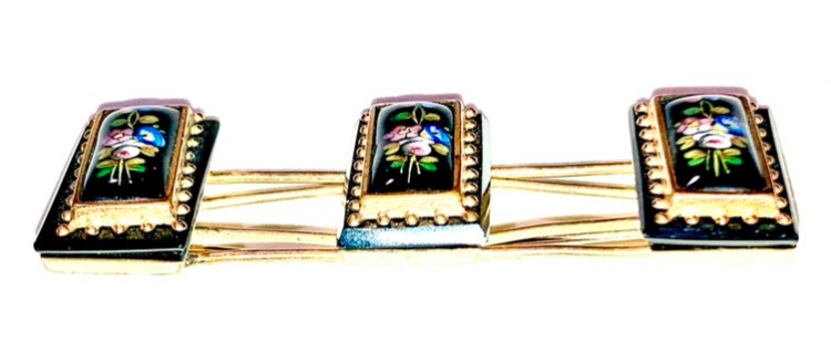 Victorian Hand Painted Onyx Rose Lily Gold Floral Large Brooch Pin