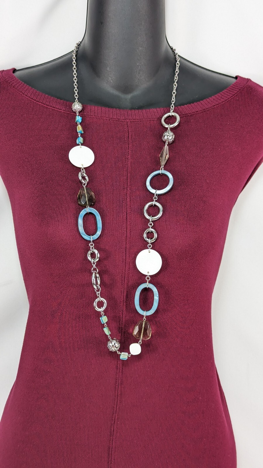 LIA SOPHIA Silver Tone Necklace 36″ + Blue Shell Circle Brown Smokey Glass Beads