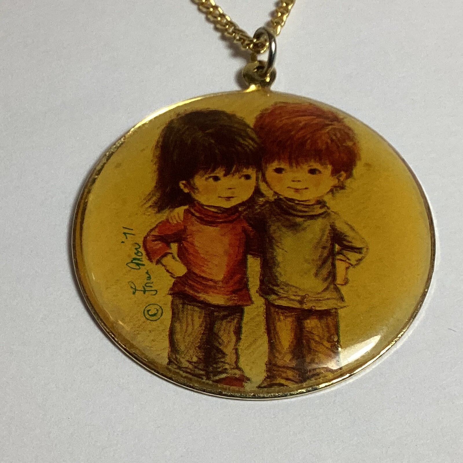 RETRO 1971 SIGNED FRAN MOR “MOPPETS” NECKLACE 19” LENGTH BOY/GIRL MEDALLION