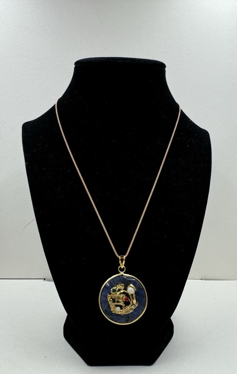 BIRD PENDANT ROUND CHINESE Semi Precious Gemstone NEW OLD VNTG LAPIS AVENTURINE