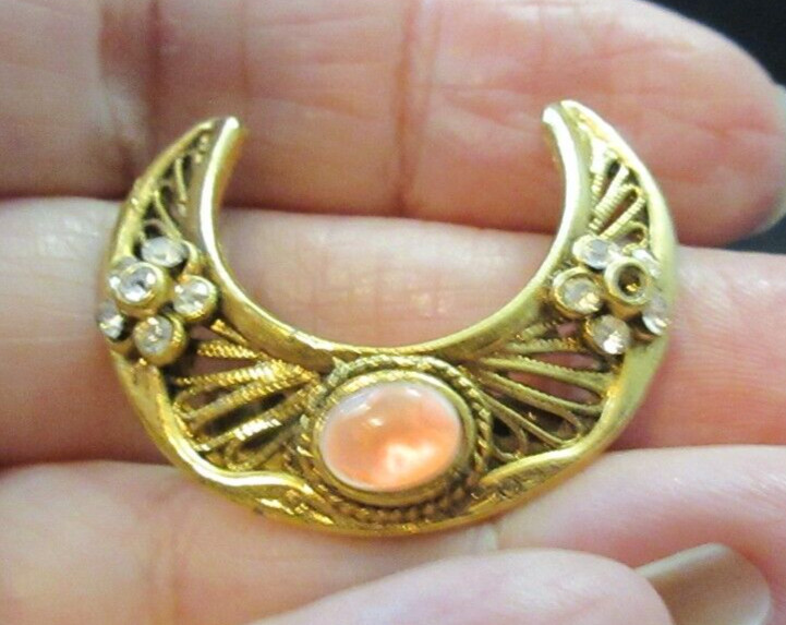 Vintage Tacoa Signed Crescent Moon Shape Clear Rhinestone Pink Cab Brooch