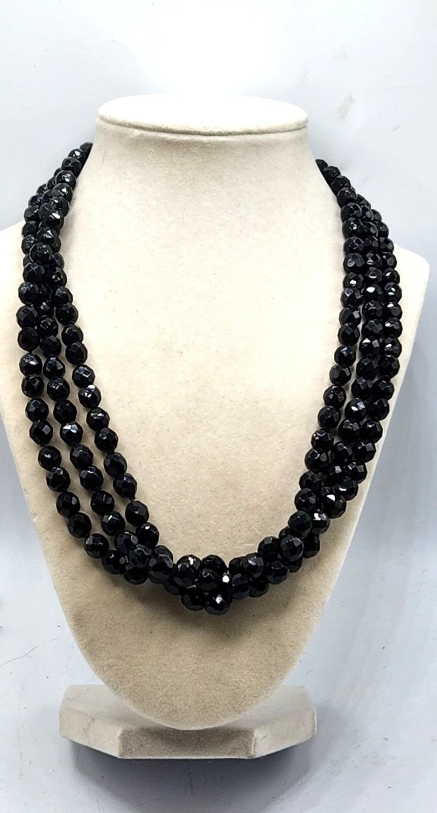 Vintage Multi-Strand Faceted Black Bead Necklace With Silver-Tone Clasp