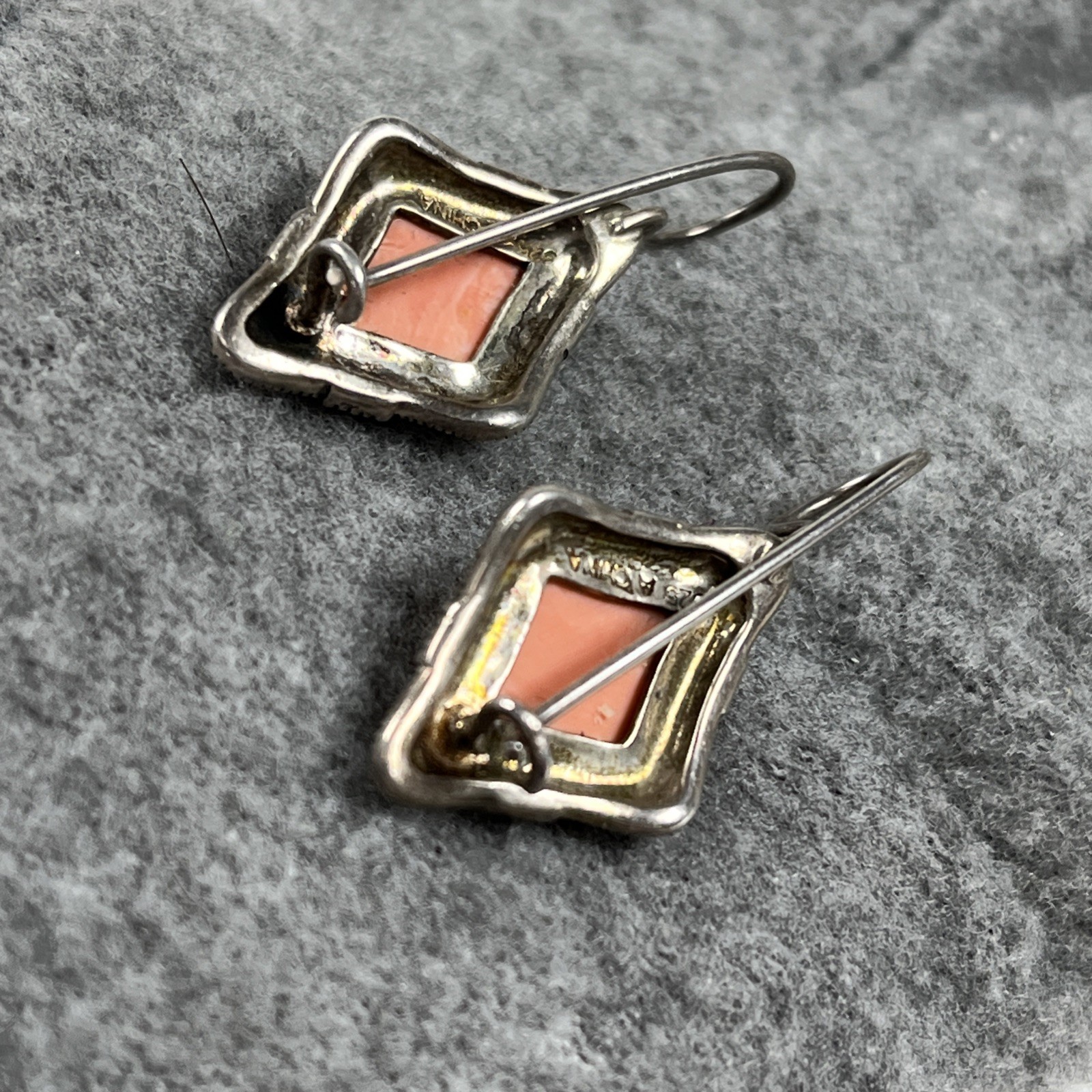 A 925 Vintage Sterling Silver 925 Marcasite Faux Coral Dangle Earrings 6.9g