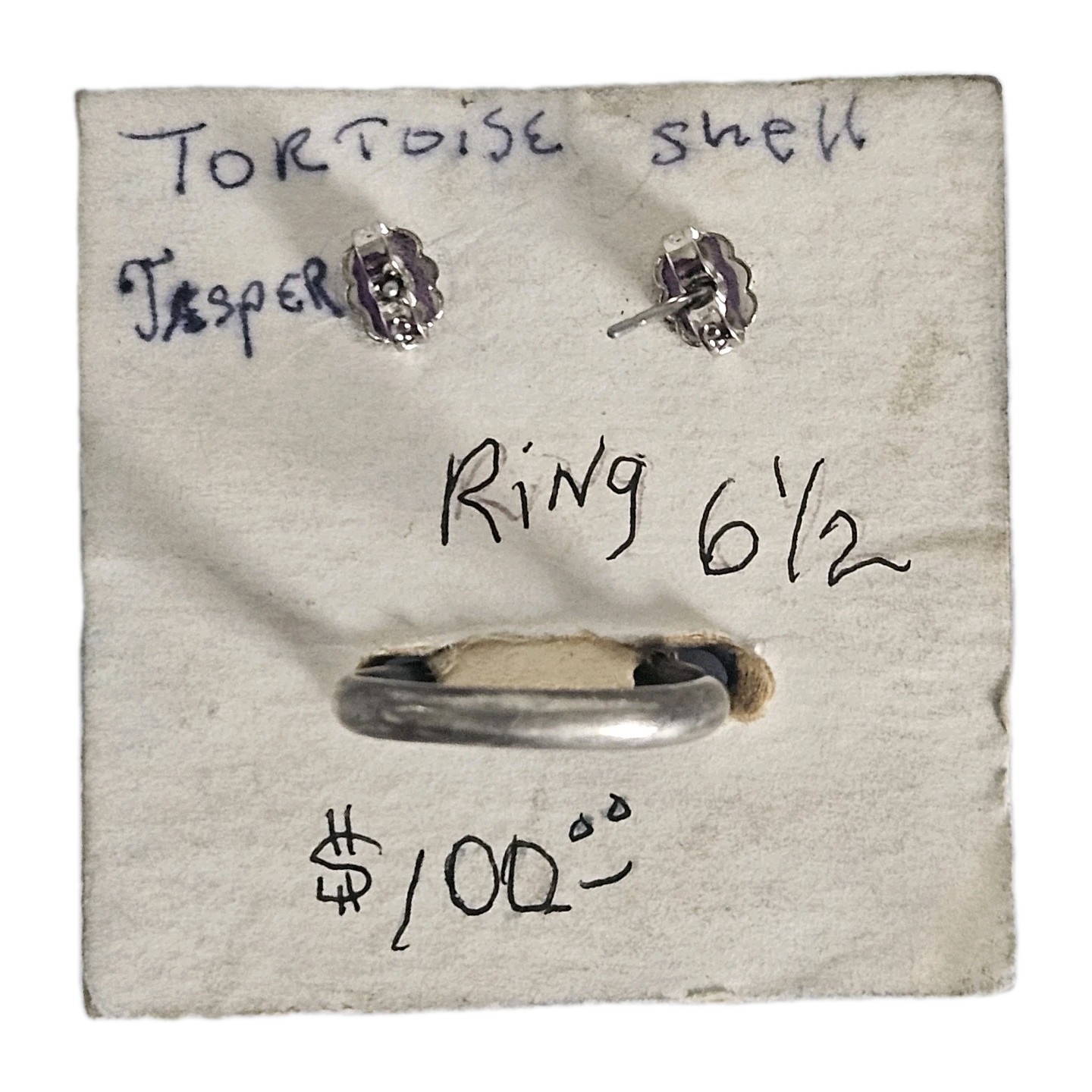 VTG Tortoise Shell Ring Earrings Sterling Silver 925 Jasper ATI Mexico Size 6.5