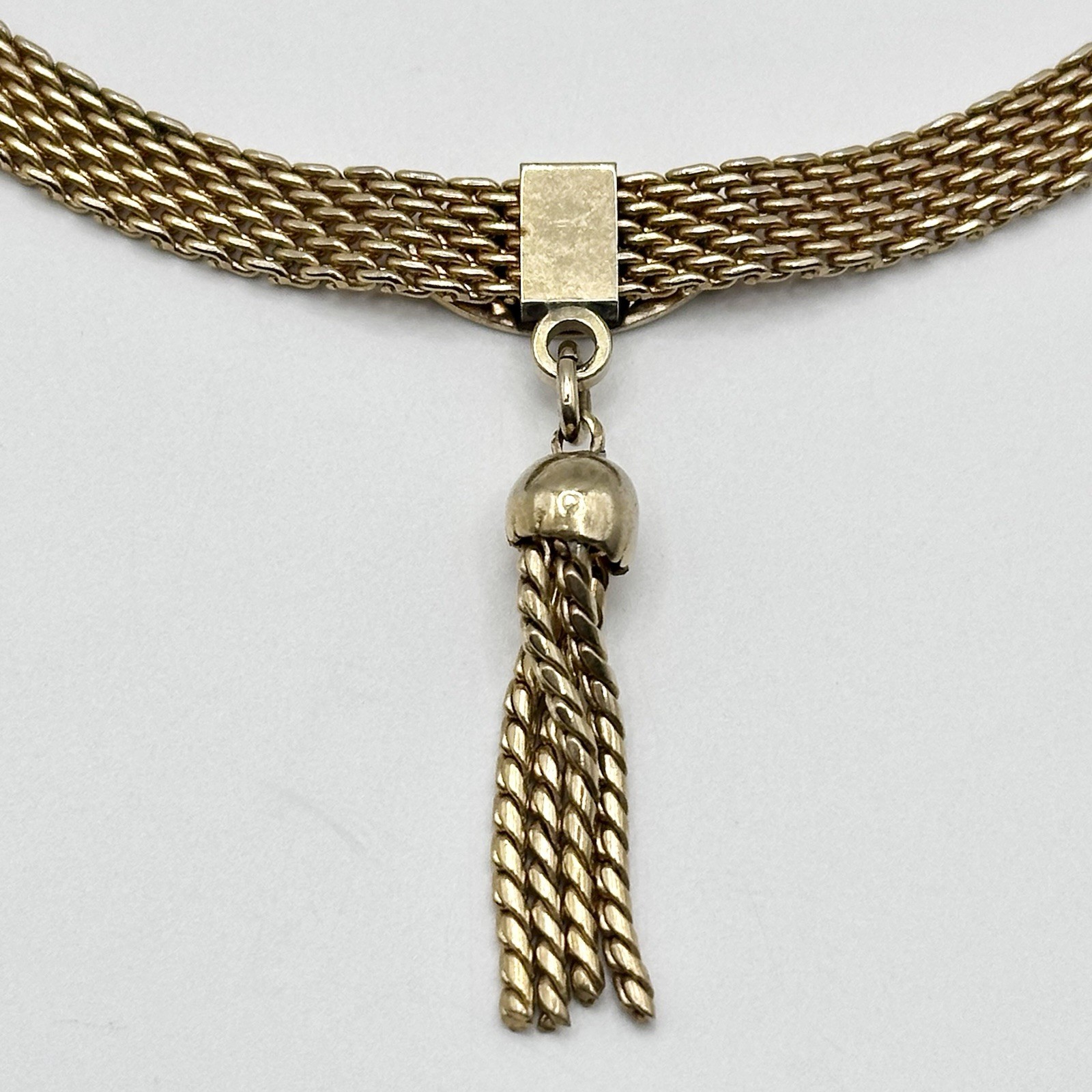 Vintage Signed Judy Lee Necklace Gold Tone Mesh Tassel Dangle Chain 13-16”
