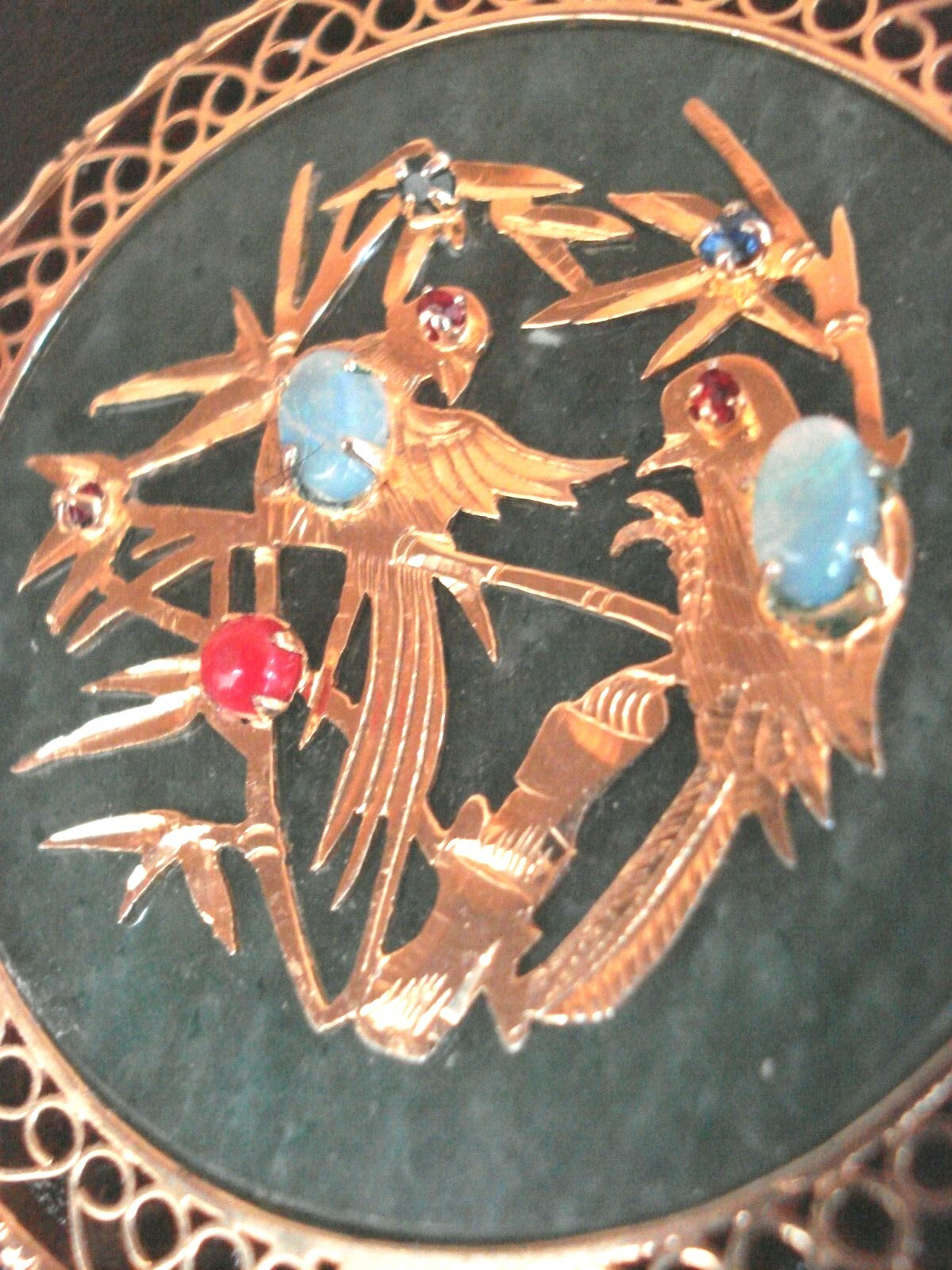 RARE Beautiful Vtg. Chinese Gold-Pl Jade & Gemstone Bird Pendant