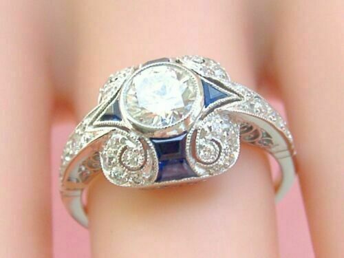 1.2CT White Round Cut CZ & Blue Art Deco Engagement Ring in 925 Sterling Silver