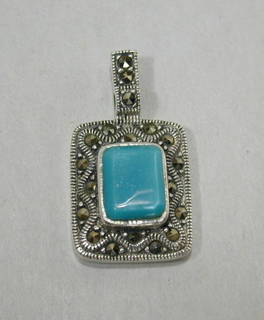 Vintage CW Charles Winston Sterling Turquoise & Marcasite Pendant 925 Silver