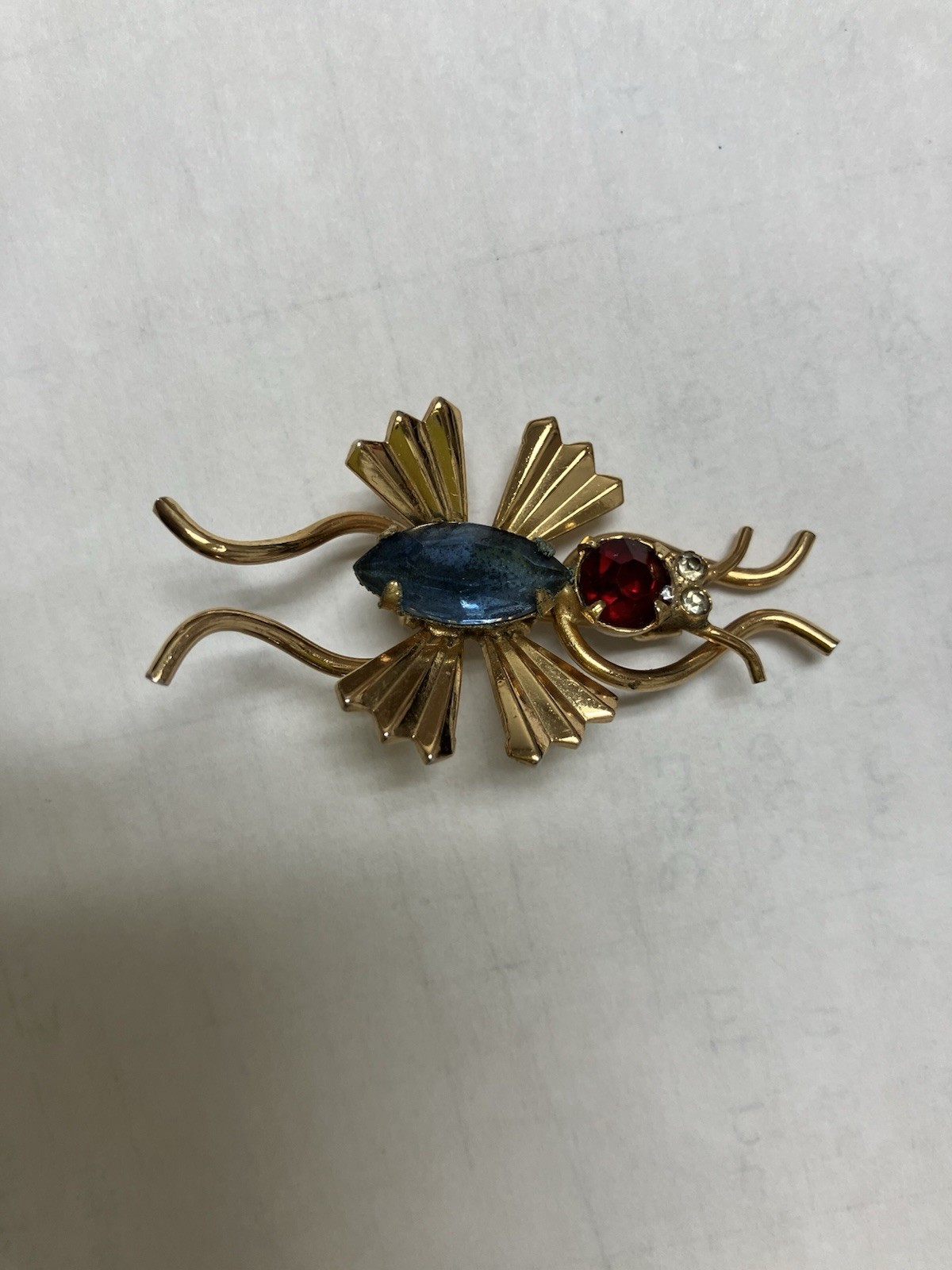 Lot 2 Vtg Insect Bug Brooches Coro Blue Belly Unsigned Topaz Rhinestone Goldtone