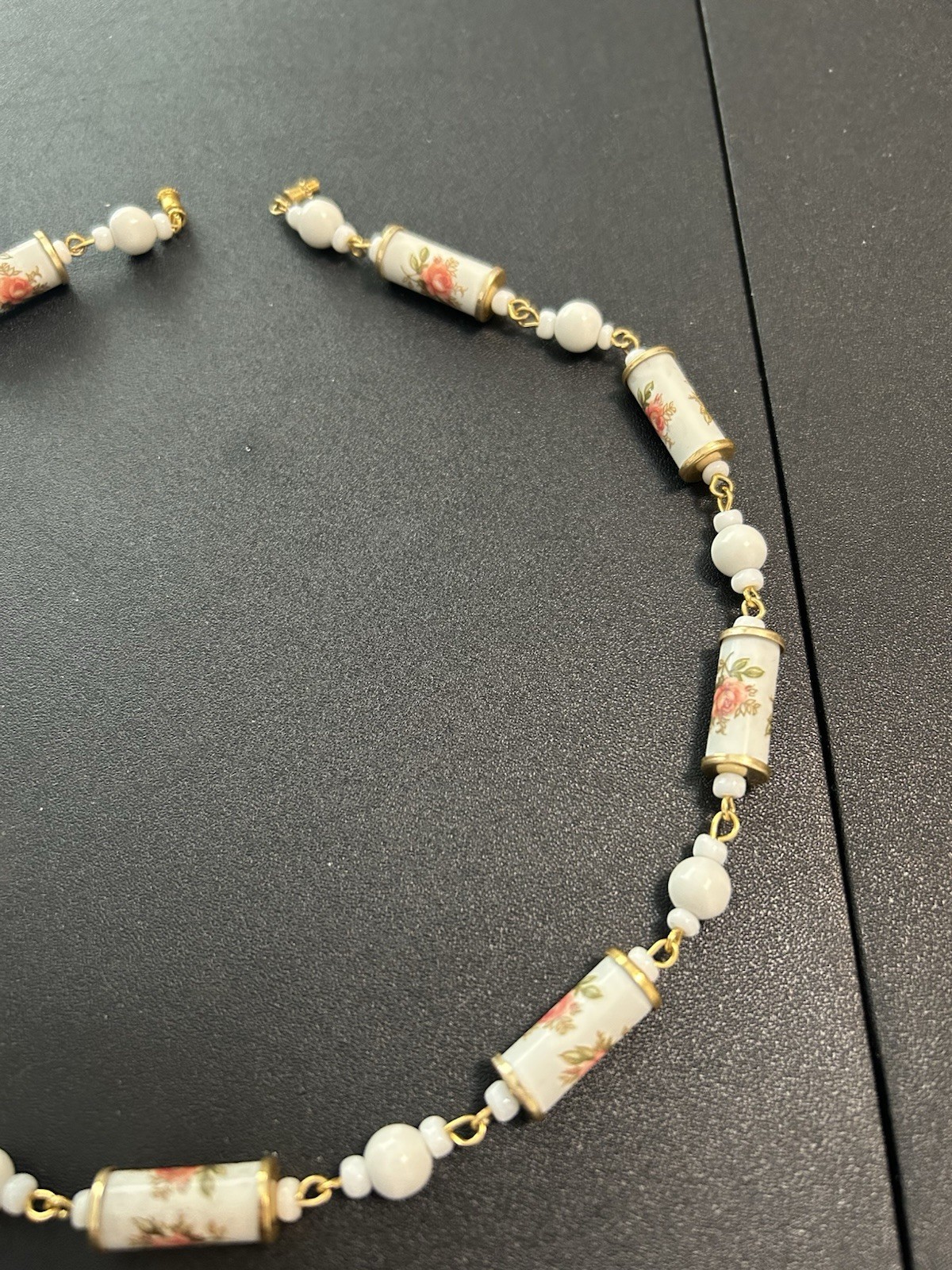 Vintage Porcelain Necklace with A Gold-tone Finish and Floral Accents. See Pics
