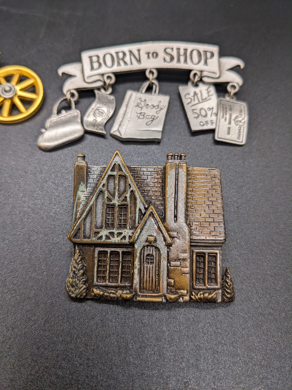 Lot of 4 Vintage Pewter Brooches Pin JJ Jonette Wheelbarrow Angel Born to Shop