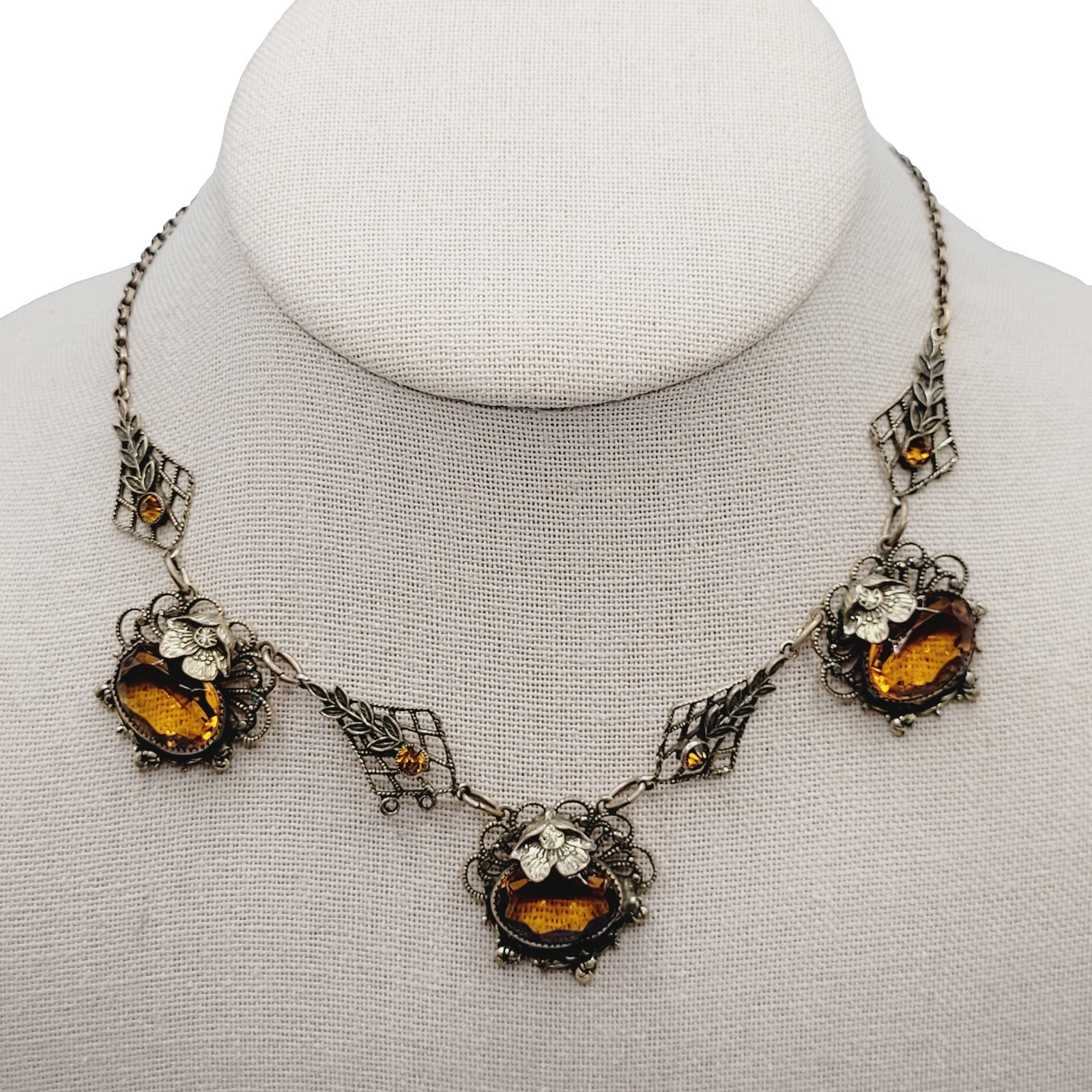 Czech Glass Art Nouveau Deco Flower Motif Brass Festoon Bib Amber Citrine 15 In