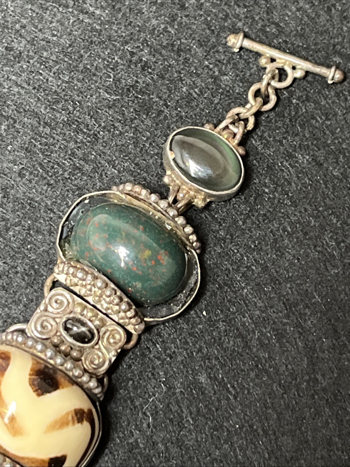 Vintage Sajen Sterling Silver Multi Dzi Mud Stone Bloodstone Bracelet 7″ 50g