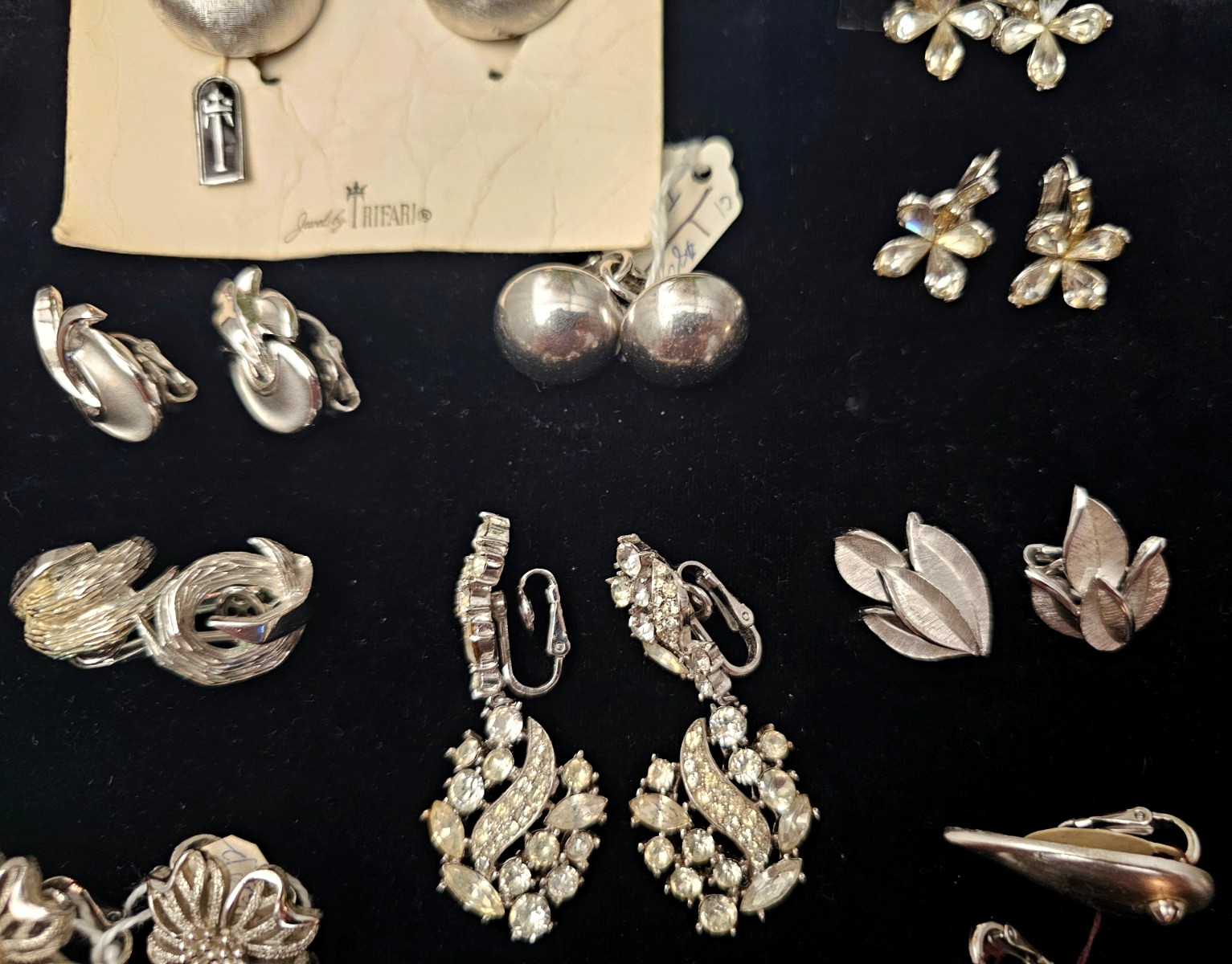 Vintage Trifari Silver Tone Rhinestone & Faux Pearl Earring Signed Lot – 18 pcs