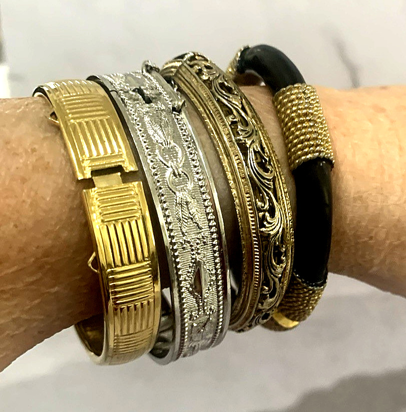 Lot of 9 1980’s Costume Bangle Cuff & Hinged Bracelets India Leonard Pewter +