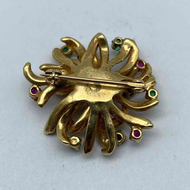 Vintage 13K Yellow Gold Ruby Sapphire Emerald Floral Brooch Pin Tested 1″ 7.6g