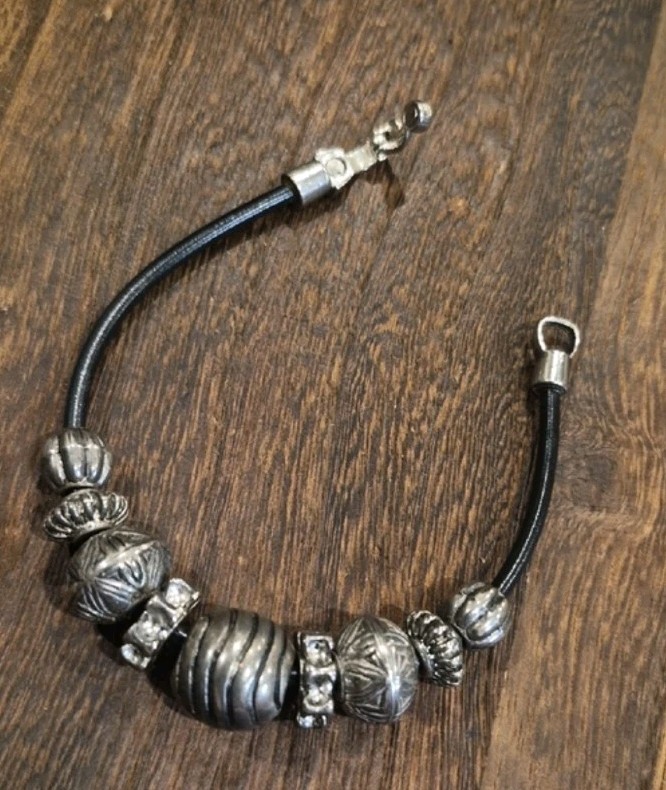 Vintage Silver Tone Beaded Black Leather Cord Bracelet, Magnetic Closure