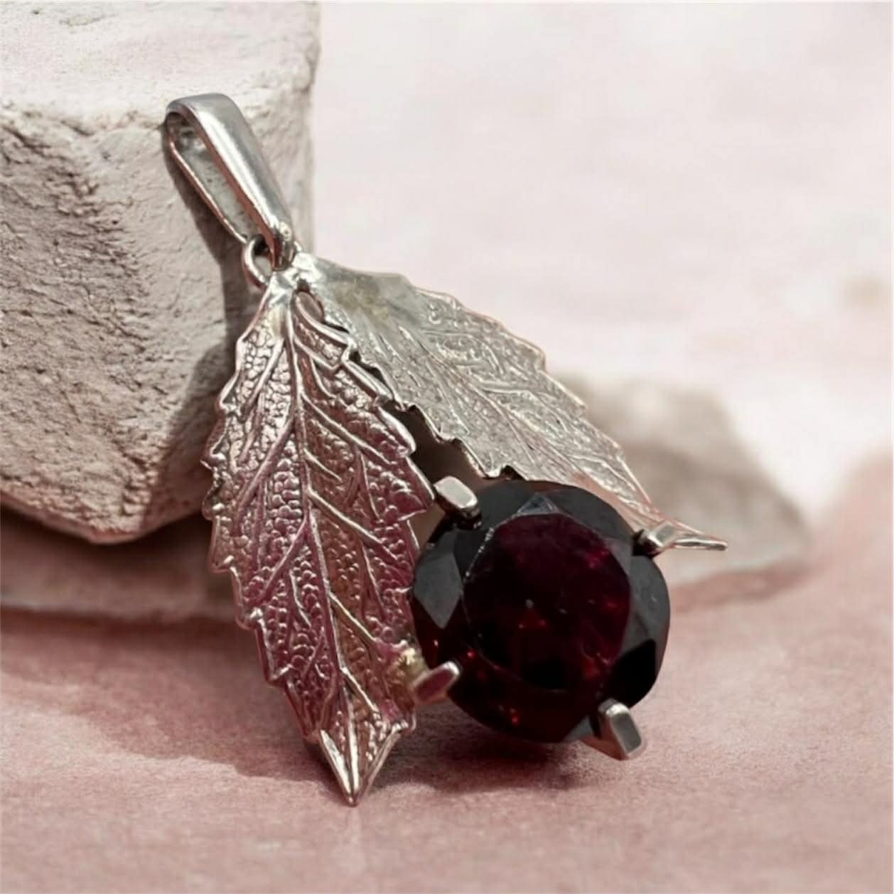Vintage 835 Silver Leaf Pendant Red Stone | European Style | No Chain