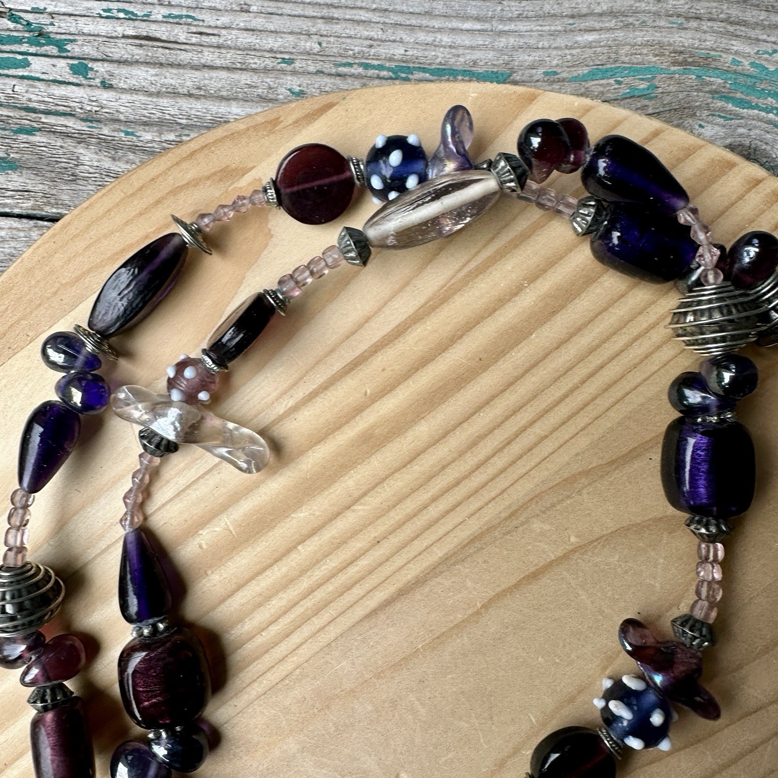 VTG Artisan Beaded Necklace 41 Inch Metal Art Glass Statement Tassel Multicolor