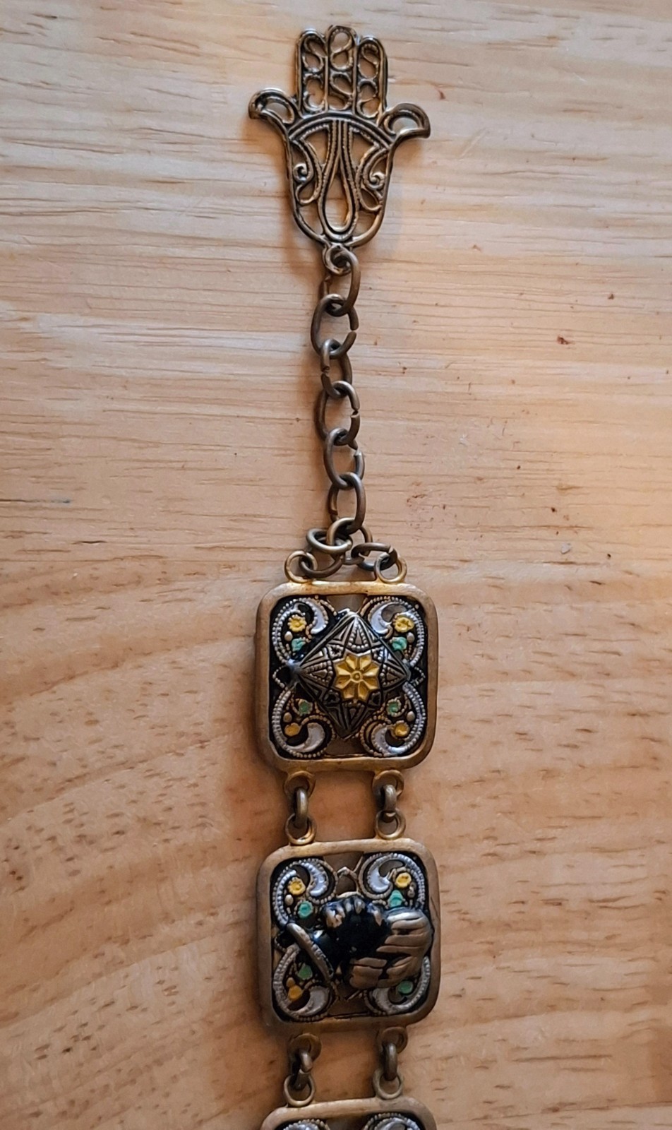 Vintage Jewelry Brass Tone Panel Link Bracelet with Filigree, Enamel & Cabochons