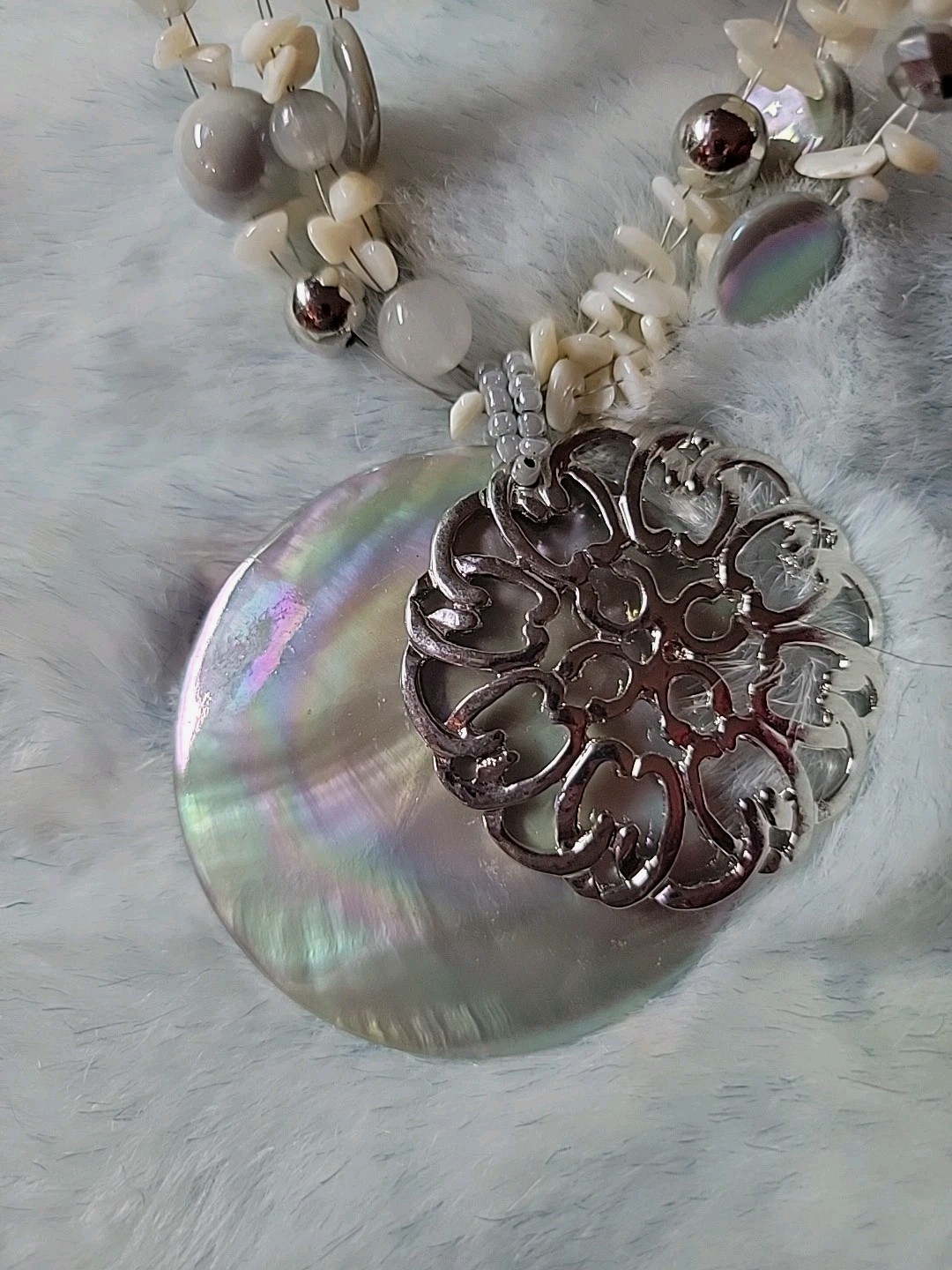 Vintage Shimmer Shell and metal design Necklace & Earring Set NEW WITH BOX.