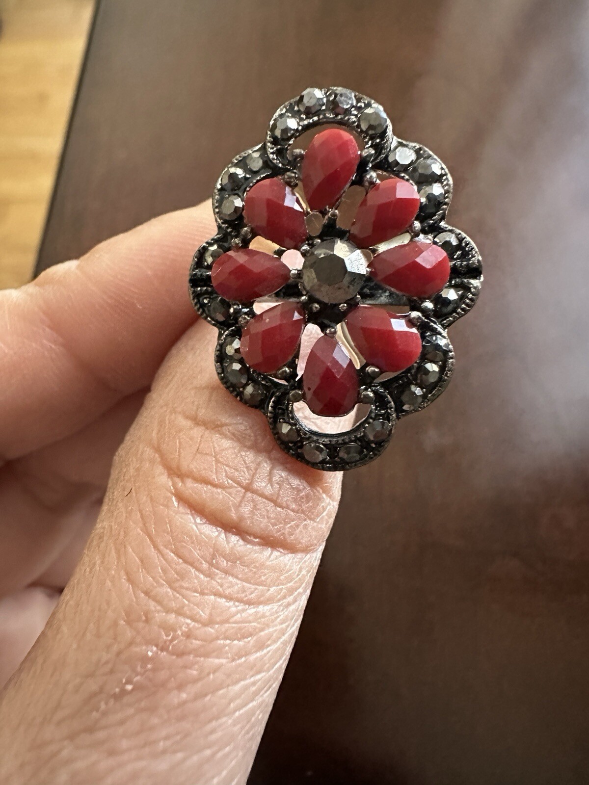 Designer Coral & Black Marcasite Adjustable Ring