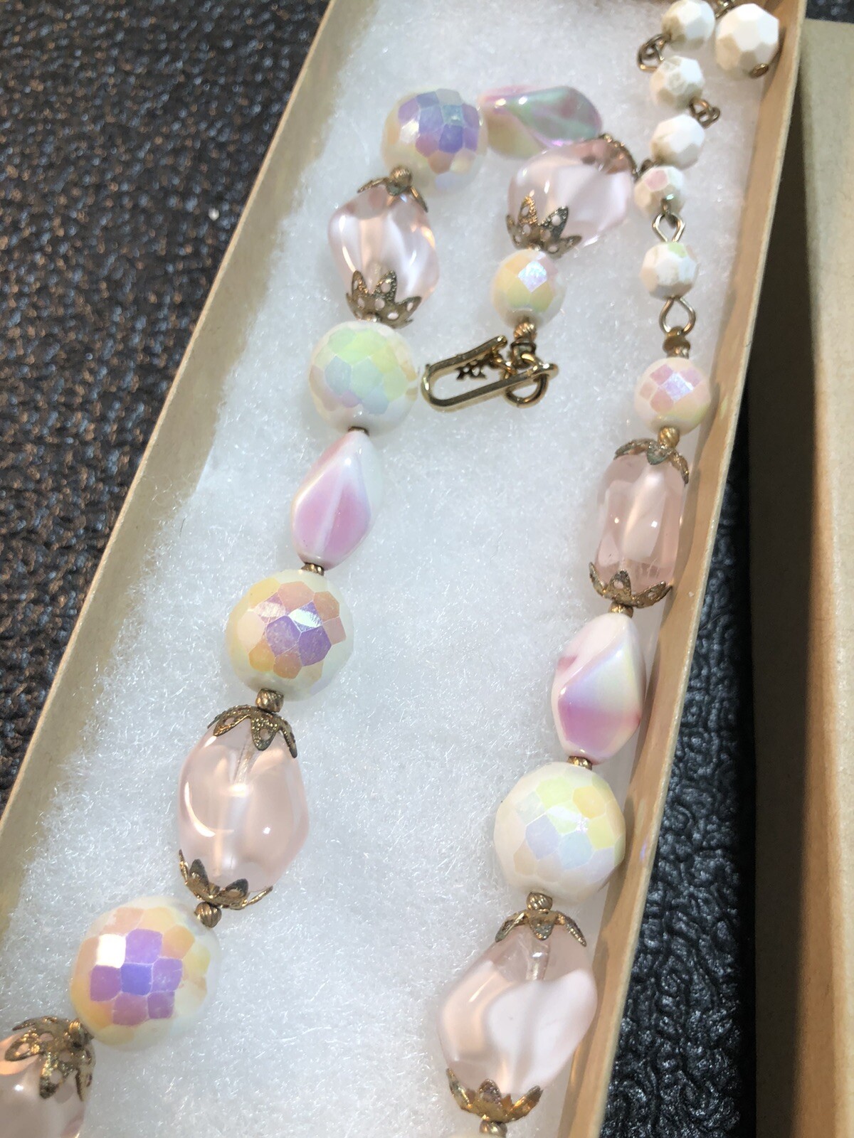 VTG Costume Jewelry Signed TRIFARI Charm,MOP Pinks,Purples,Greens Necklace 17.5”