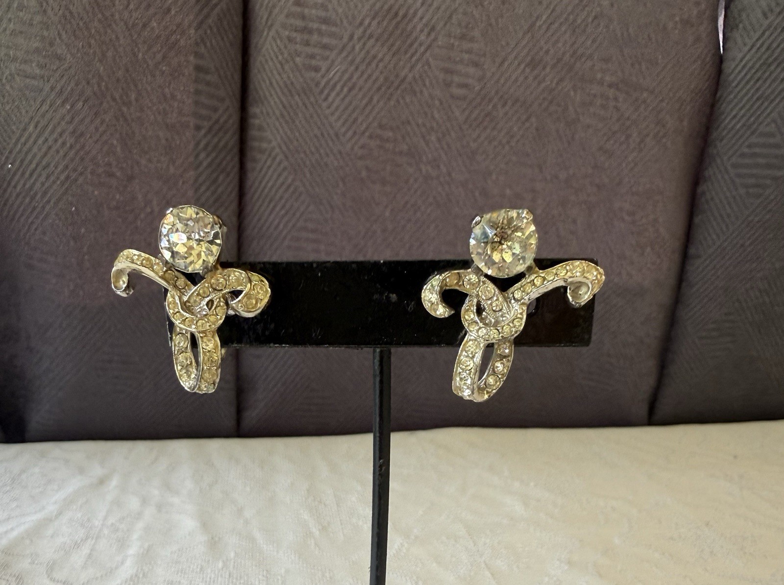 Vintage Sterling Clear Rhinestone Ribbon Earrings with Tension Based Clip On