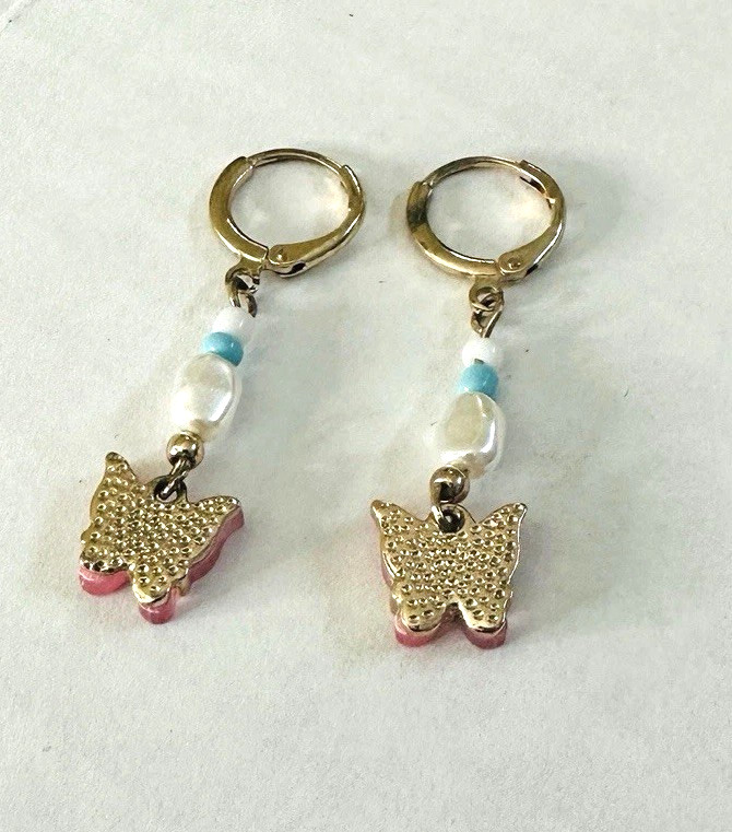 Y2K Lucite Pink Butterfly Earrings Beaded Teal Pearly Drop Dangle Huggie Hoop