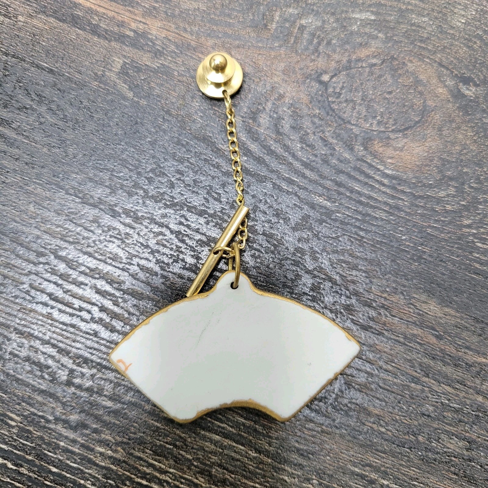 Porcelain Pin Pendant Convertible Japanese Fan Peaches Floral Handpainted VTG
