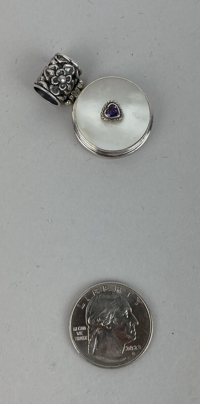 925 Sterling Silver Mother-of-Pearl & Red Garnet heart Gem Pendant enhancer MOP