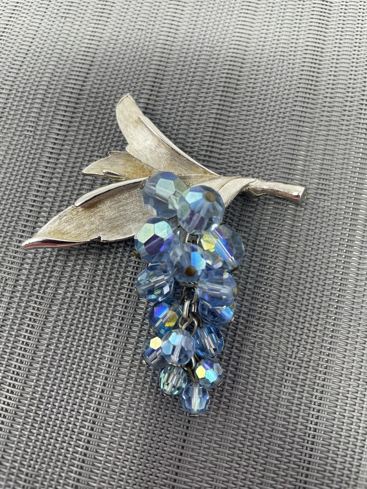 Vintage Silver Tone Blue AB Crystal Dangle Grapes Brooch Waterfall Articulating