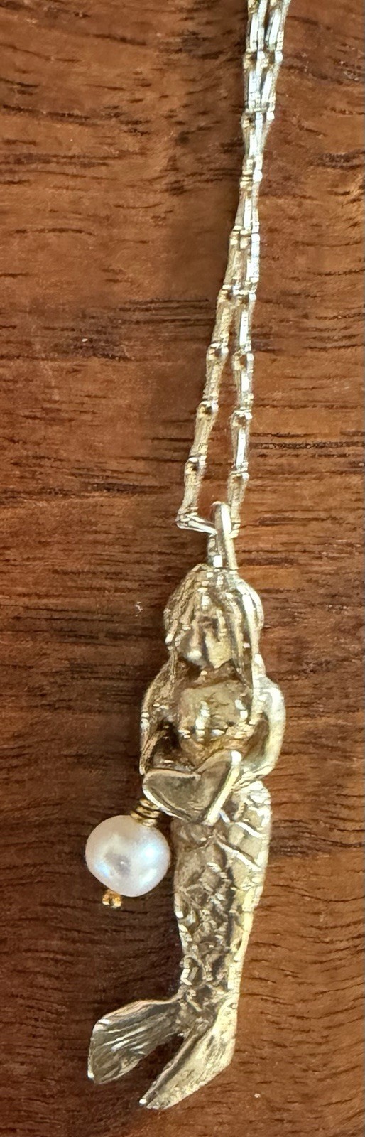 MERMAID with Pearl Gold Filled PENDANT on Gold Plate CHAIN Holding Heart